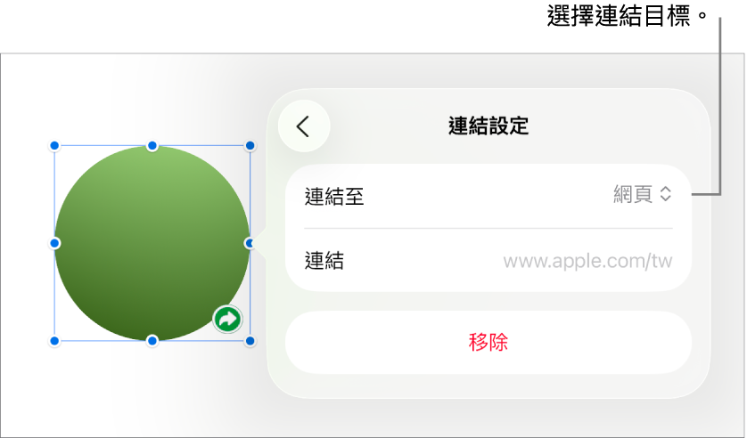 「連結設定」控制項目顯示已選取「網頁」,而「移除」按鈕位於底部。