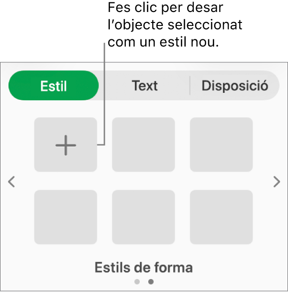 Pestanya “Estil” de la barra lateral “Format” amb quatre estils d’imatge, un botó “Crea un estil” i un marcador de posició d’estil buit.