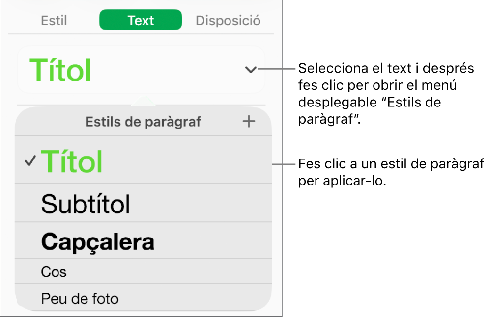 Menú d’estils de paràgraf.