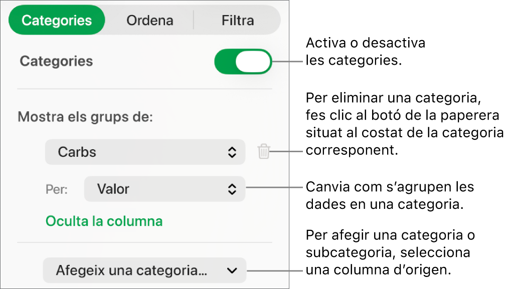 La barra lateral de categories amb opcions per desactivar categories, eliminar categories, agrupar dades, ocultar la columna d’origen i afegir categories.