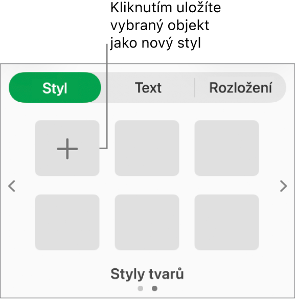 Panel Styl na bočním panelu Formát s čtyřmi styly obrázků, tlačítkem Vytvořit styl a prázdnou maketou stylu.