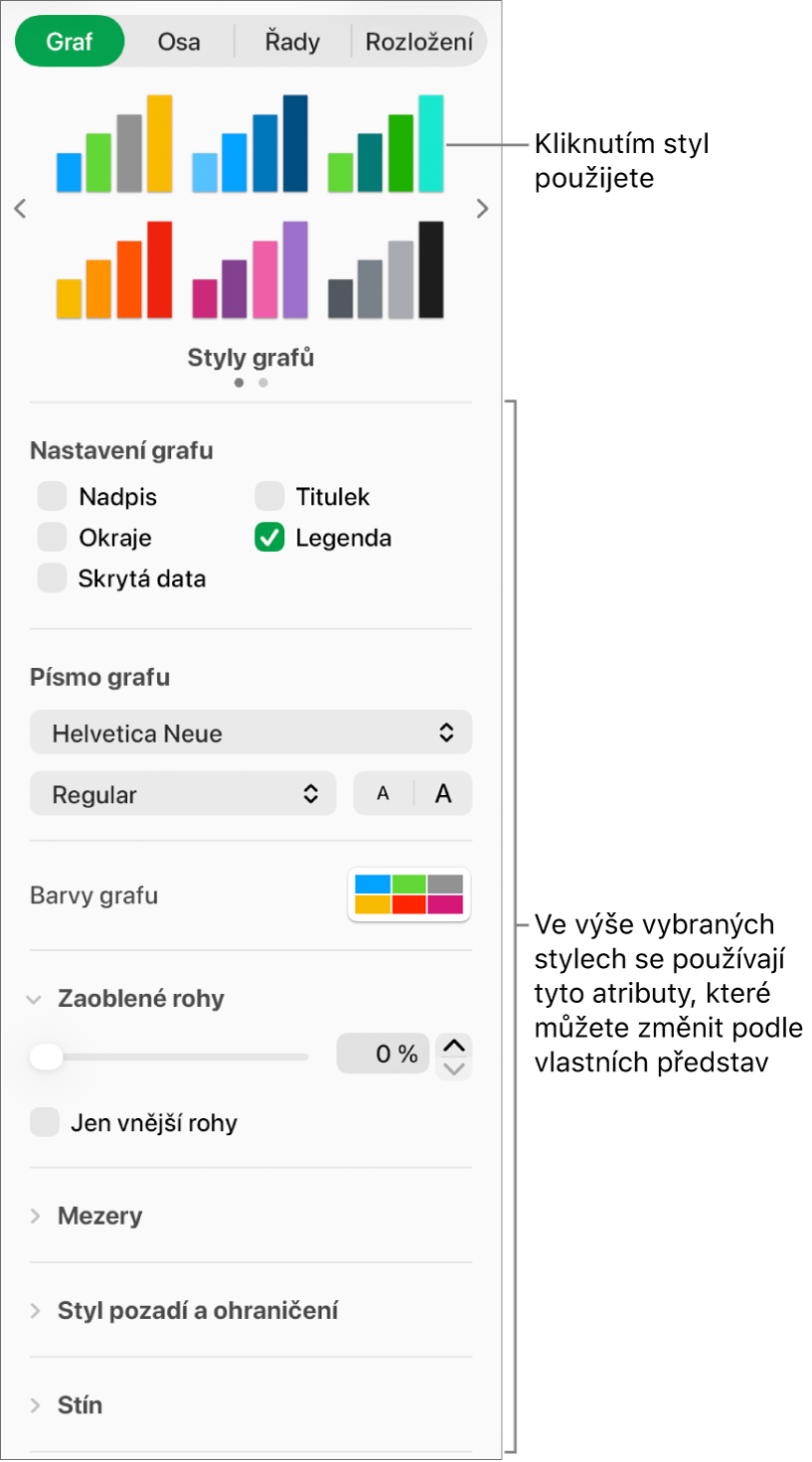 Boční panel Formát s ovládacími prvky pro formátování grafů