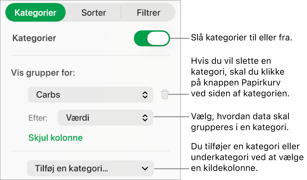 Indholdsoversigten for kategorier med muligheder for at slå kategorier fra, slette kategorier, omgruppere data, skjule en kildekolonne og tilføje kategorier.