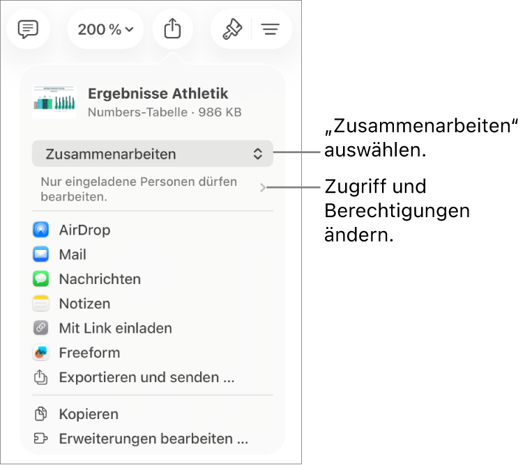Im Menü „Teilen“ ist „Zusammenarbeiten“ oben ausgewählt und die Einstellungen für Zugriff und Berechtigungen befinden sich darunter.