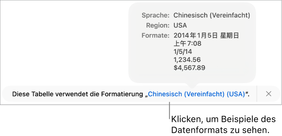 Die Mitteilung zur anderen Sprache und Region mit Beispielen der Formatierung in dieser Sprache und Region.