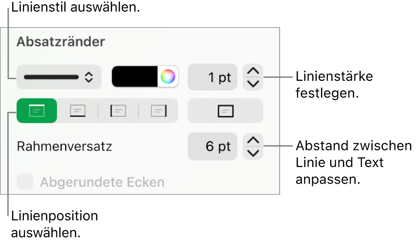 Steuerelemente, um Stil, Stärke, Position und Farbe der Linie zu ändern.