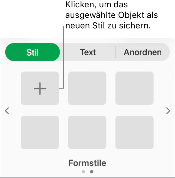 Der Bereich „Stil“ der Seitenleiste „Format“ mit vier Bildstilen, einer Taste „Stil erstellen“ und einem leeren Stilplatzhalter