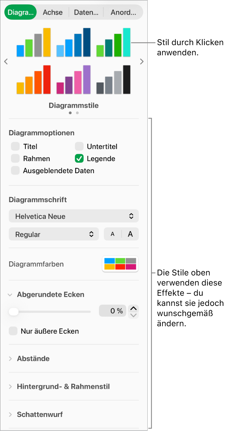 Formatierungsseitenleiste mit Steuerelementen zum Formatieren von Diagrammen