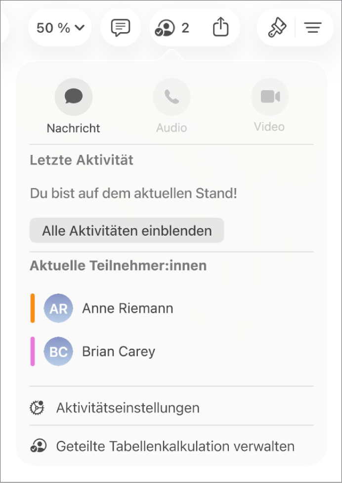 Das Menü für die Zusammenarbeit mit den Namen von Personen, die gemeinsam eine Tabellenkalkulation bearbeiten.