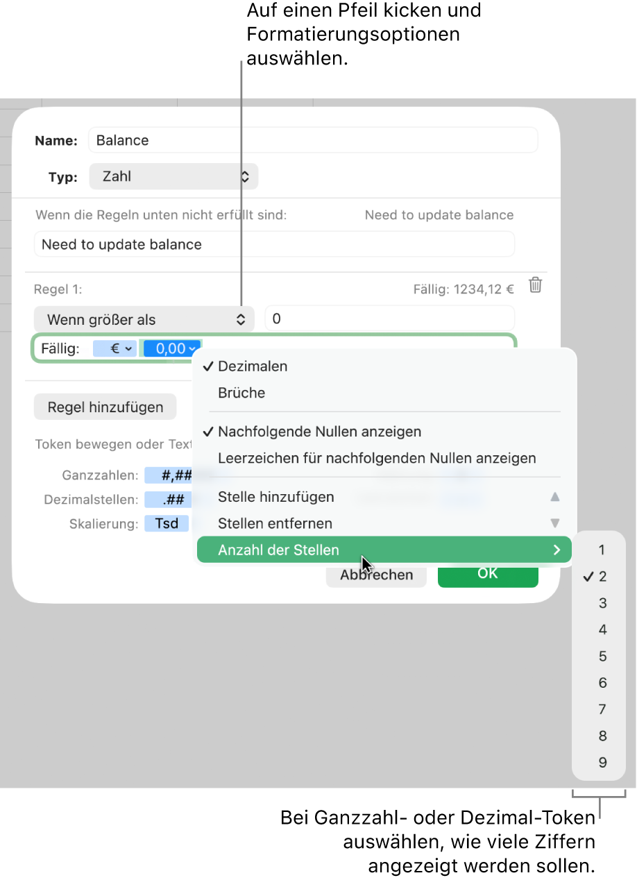 Das Fenster für ein eigenes Zellenformat mit Steuerelementen zum Auswählen eigener Formatierungsoptionen