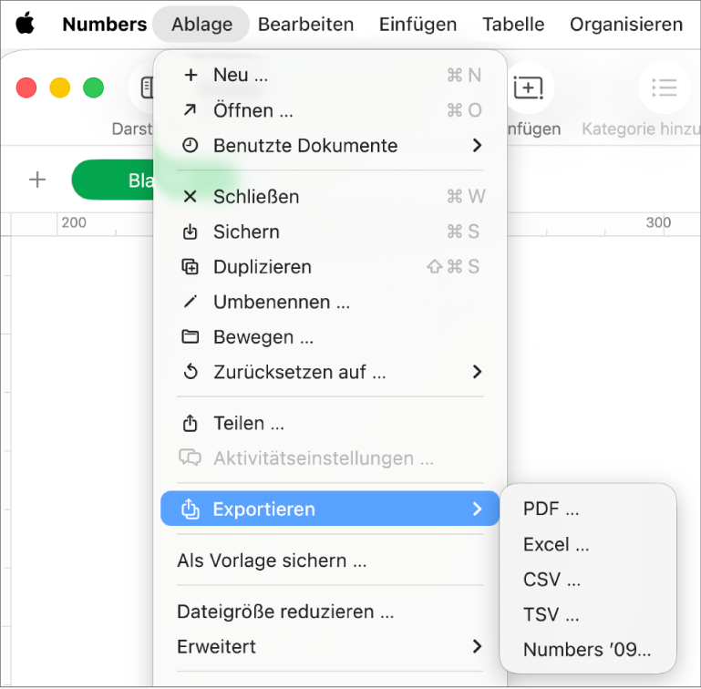 Das geöffnete Menü „Ablage“ mit ausgewählter Option „Exportieren“ mit dem Untermenü, in dem Exportoptionen wie „PDF“, „Excel“ und „CSV“ angezeigt werden