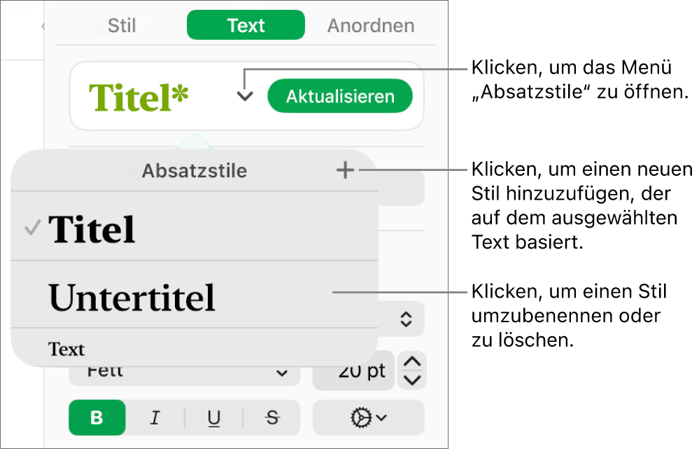 Menü „Absatzstile“ mit Steuerelementen zum Hinzufügen oder Ändern eines Stils.