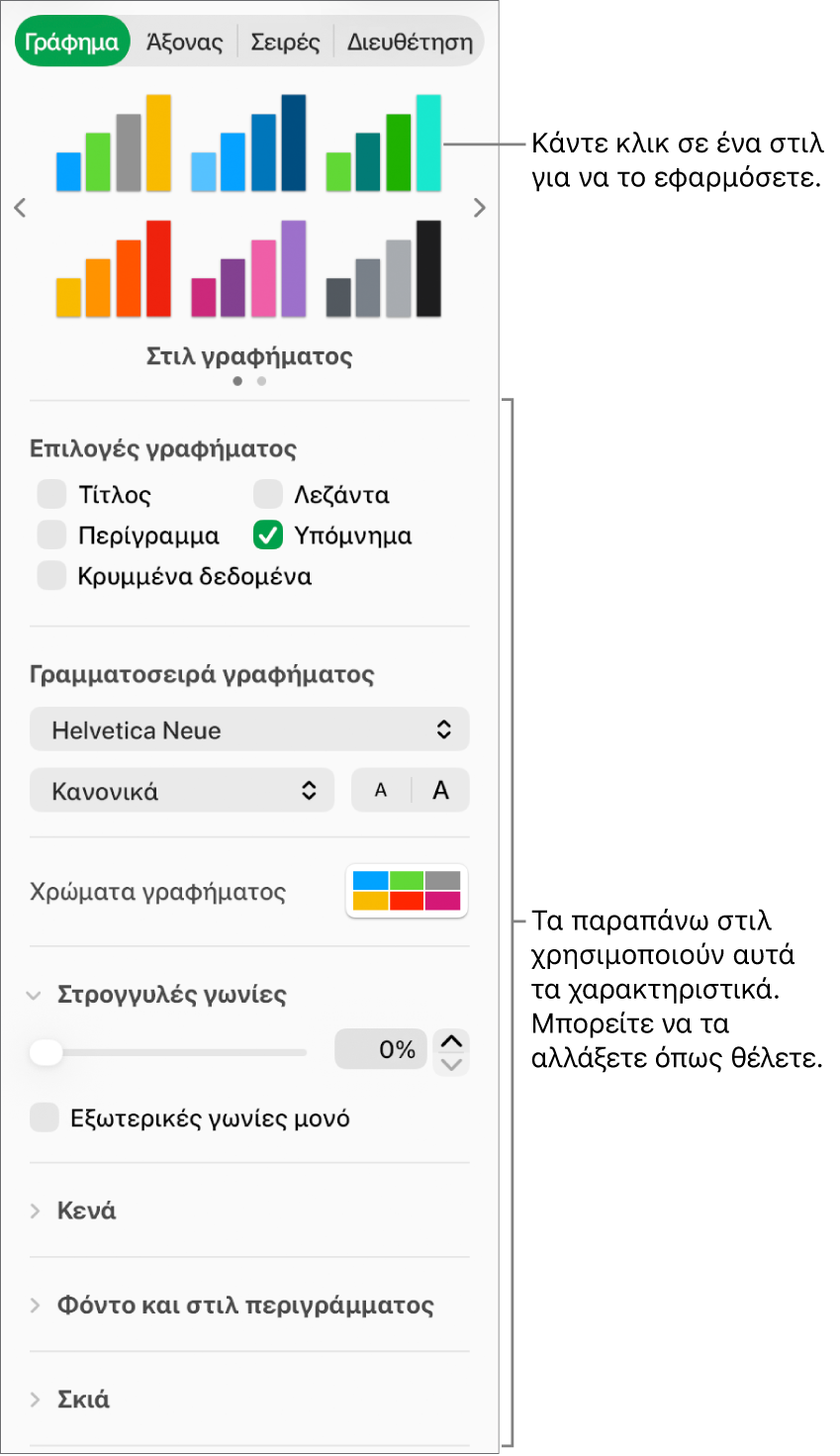 Η πλαϊνή στήλη «Μορφοποίηση» με τα στοιχεία ελέγχου για τη μορφοποίηση γραφημάτων.