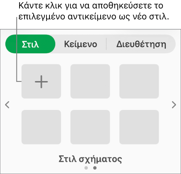 Η καρτέλα «Στιλ» της πλαϊνής στήλης «Μορφή» με τέσσερα στιλ εικόνων, ένα κουμπί «Δημιουργία στιλ» και ένα κενό δεσμευτικό θέσης στιλ.