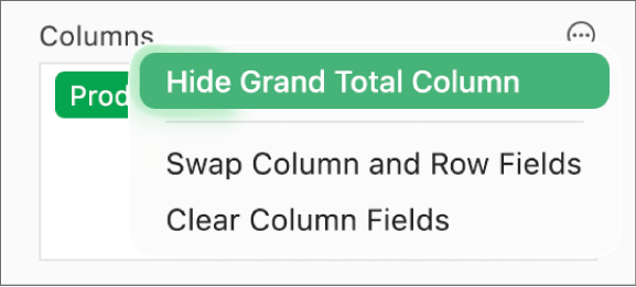 The More Field Options menu, showing the controls to hide grand totals, swap column and row fields and clear fields.