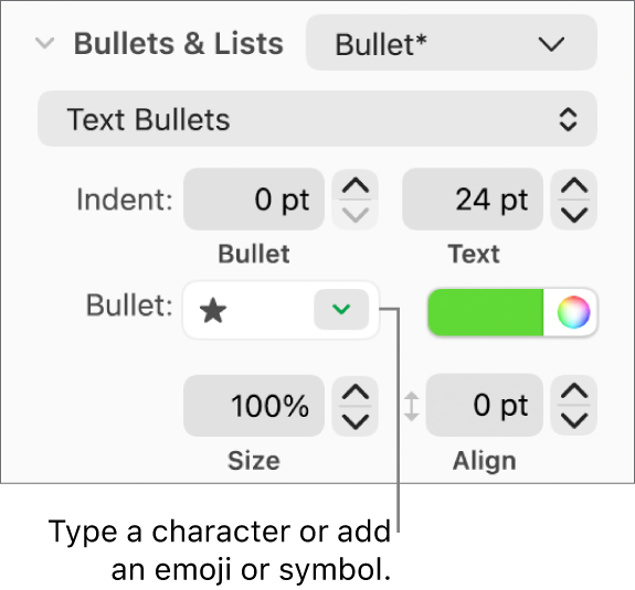 The Bullets & Lists section of the Format sidebar. The Bullet field shows a star emoji.