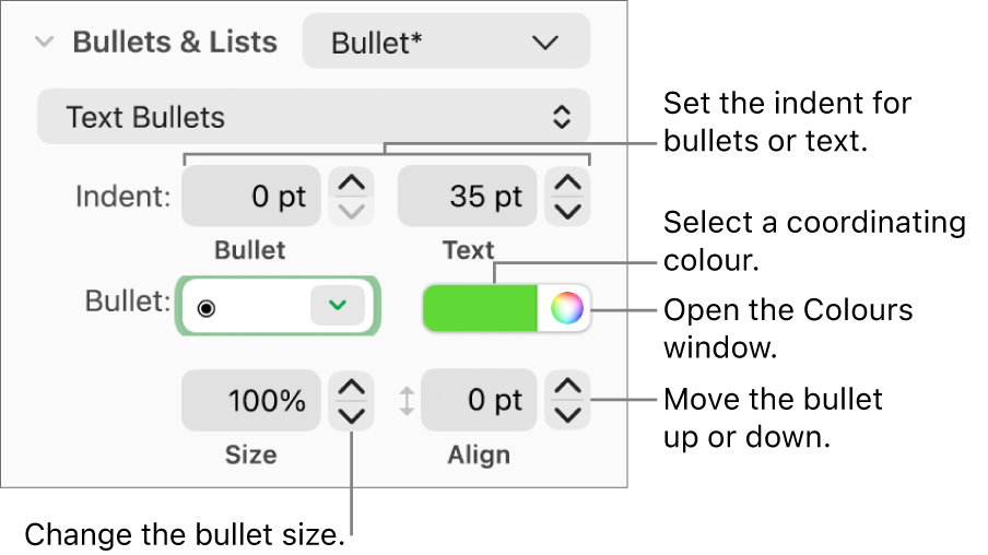 The Bullets and Lists section with a call out to the controls for bullet and text indent, bullet colour, bullet size and alignment.