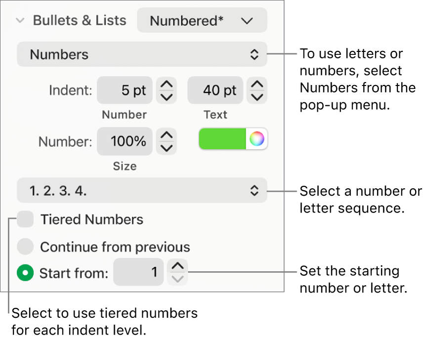 Controls for changing the number style and spacing of a list.