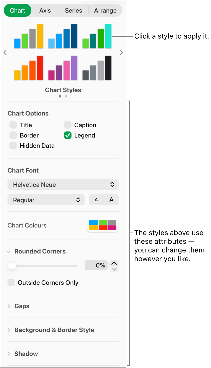 The Formatting sidebar showing the controls for formatting charts.
