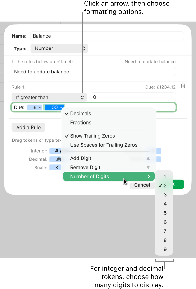 The custom cell format window with controls for choosing custom formatting options.