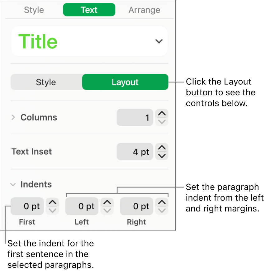 The Layout section of the Format sidebar showing controls for setting the first line indent and paragraph margins.