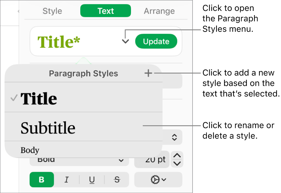 The Paragraph Styles menu, showing controls to add or change a style.