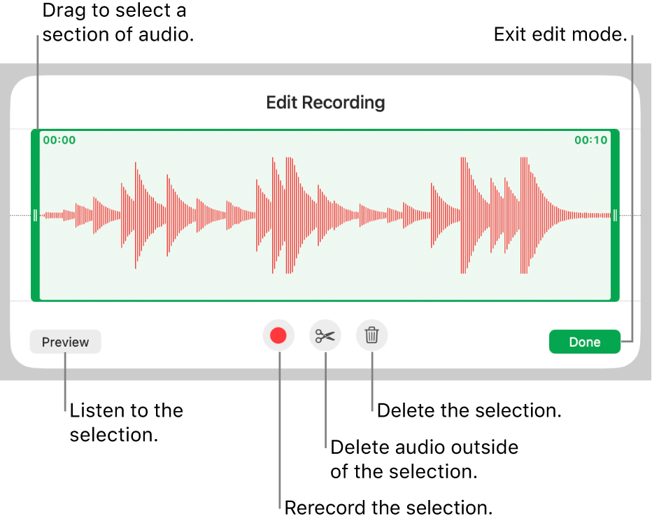 Controls for editing recorded audio. Handles indicate the selected section of the recording, and Preview, Record, Trim, Delete, and Edit Mode buttons are below.