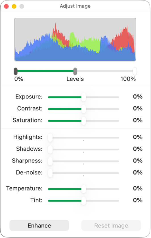 The Adjust Image window with sliders for setting exposure, contrast, saturation, highlights, shadows, sharpness, de-noise, temperature, and tint.