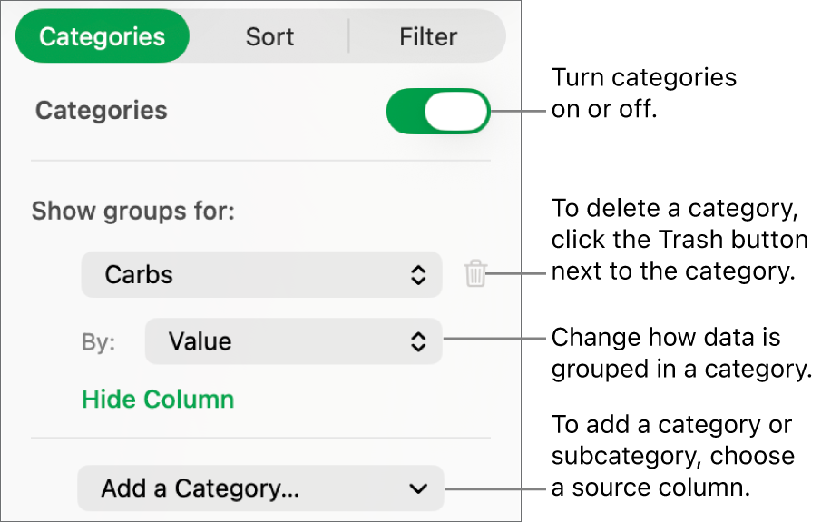 The categories sidebar with options for turning categories off, deleting categories, regrouping data, hiding a source column, and adding categories.