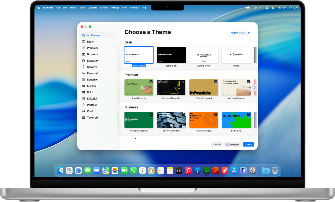 A MacBook Pro with the Numbers template chooser open on the screen. The All Templates category is selected on the left and predesigned templates appear on the right in rows by category.