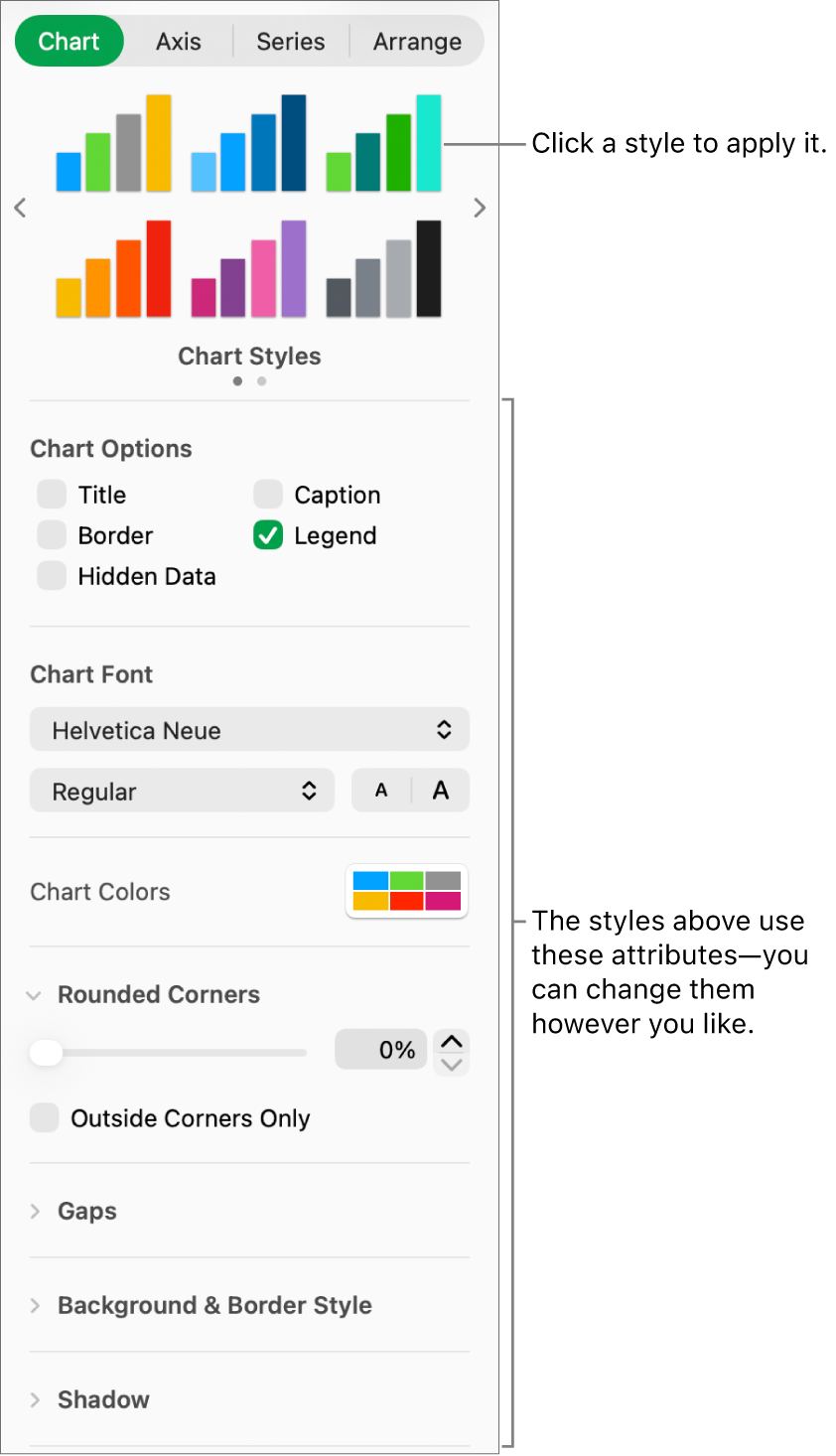 The Formatting sidebar showing the controls for formatting charts.