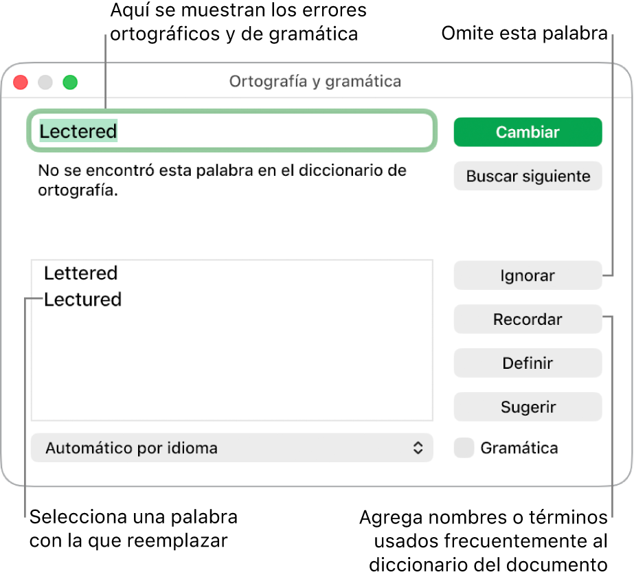 La ventana Ortografía y gramática.