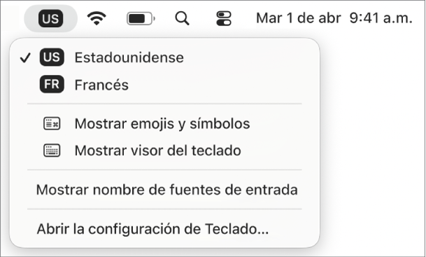 El menú Entrada en la parte superior derecha de la barra de menús.