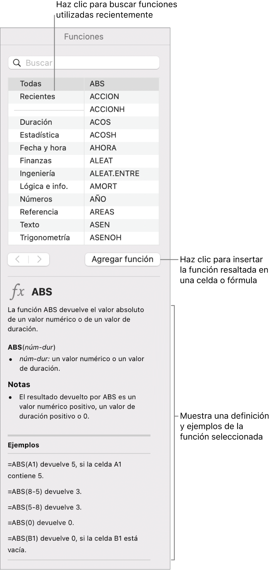El explorador de funciones con globos en las funciones utilizadas recientemente, el botón Insertar función y la definición de la función.
