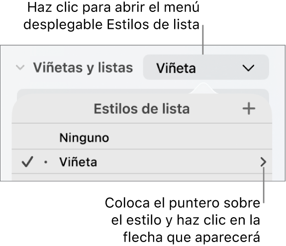 El menú Estilos de lista con un estilo seleccionado y una flecha en el extremo derecho.