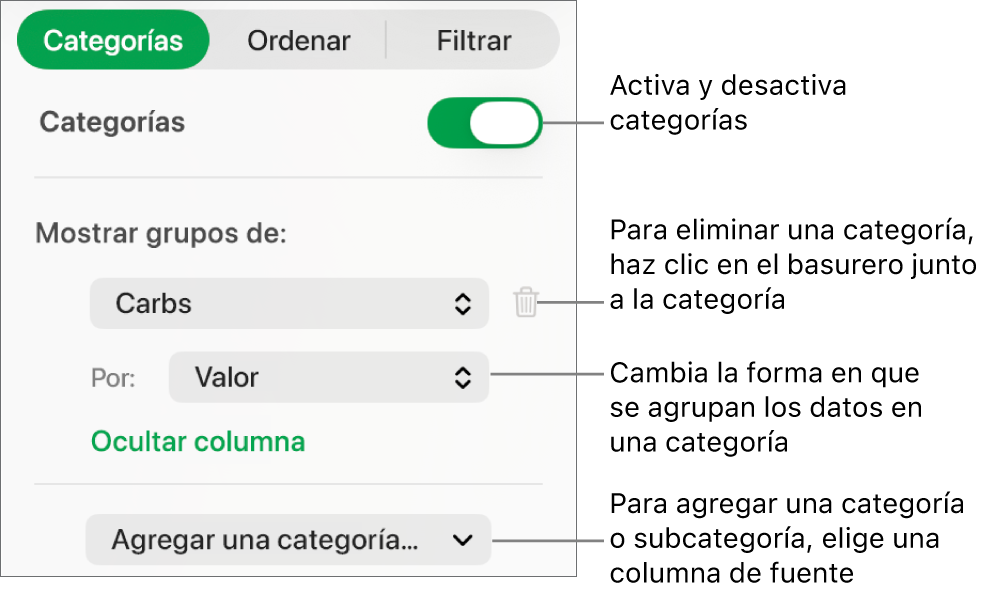 La barra lateral de categorías con opciones para desactivar las categorías, eliminar categorías, reagrupar datos, ocultar una columna origen y agregar categorías.