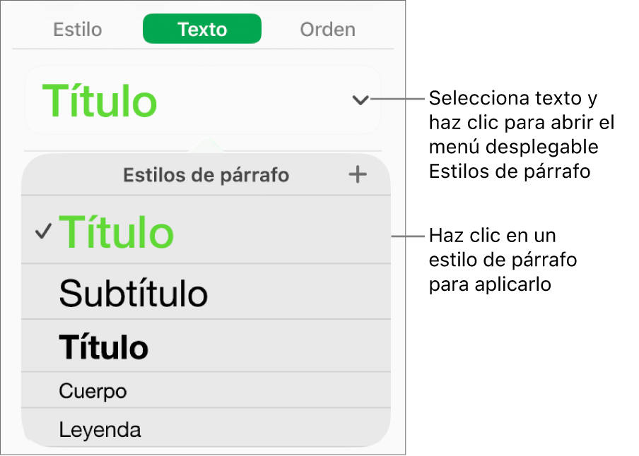 El menú Estilos de párrafo.