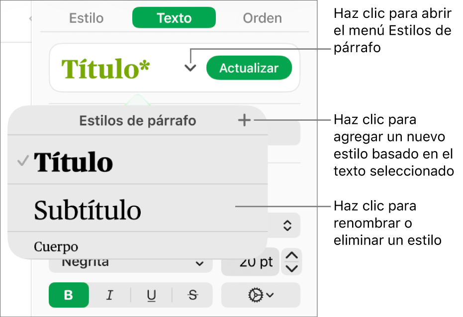 El menú Estilos de párrafo muestra controles para agregar o cambiar un estilo.