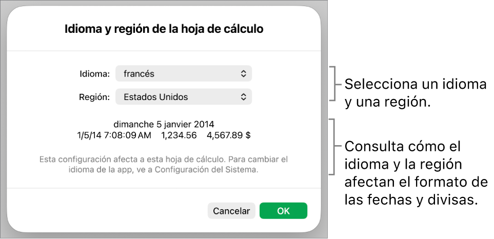 El panel Idioma y región con controles para el idioma y la región, y un ejemplo de formato que incluye una fecha, una hora, y formatos decimales y de moneda.