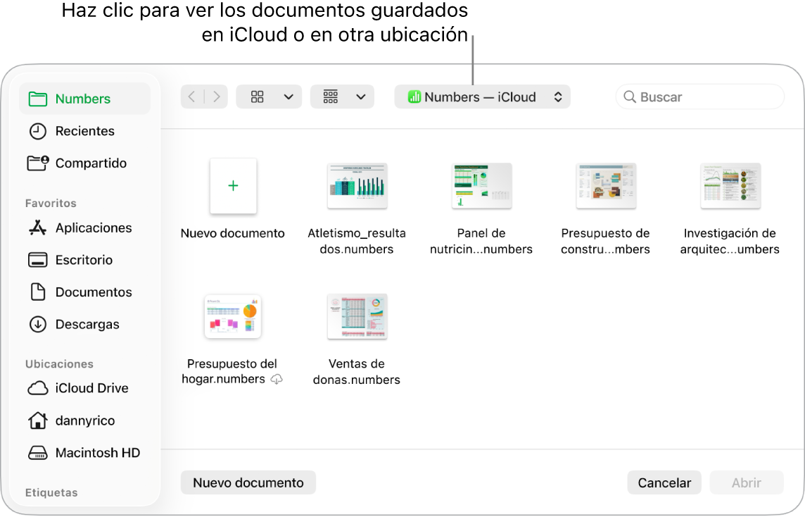 El cuadro de diálogo Abrir con la barra lateral abierta a la izquierda y con iCloud Drive seleccionado en el menú desplegable de la parte superior. Las carpetas de Keynote, Numbers y Pages aparecen en el cuadro de diálogo, junto con el botón Nuevo documento.
