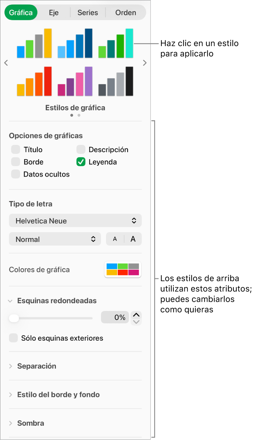 La barra lateral Formato que muestra los controles para dar formato a gráficas.