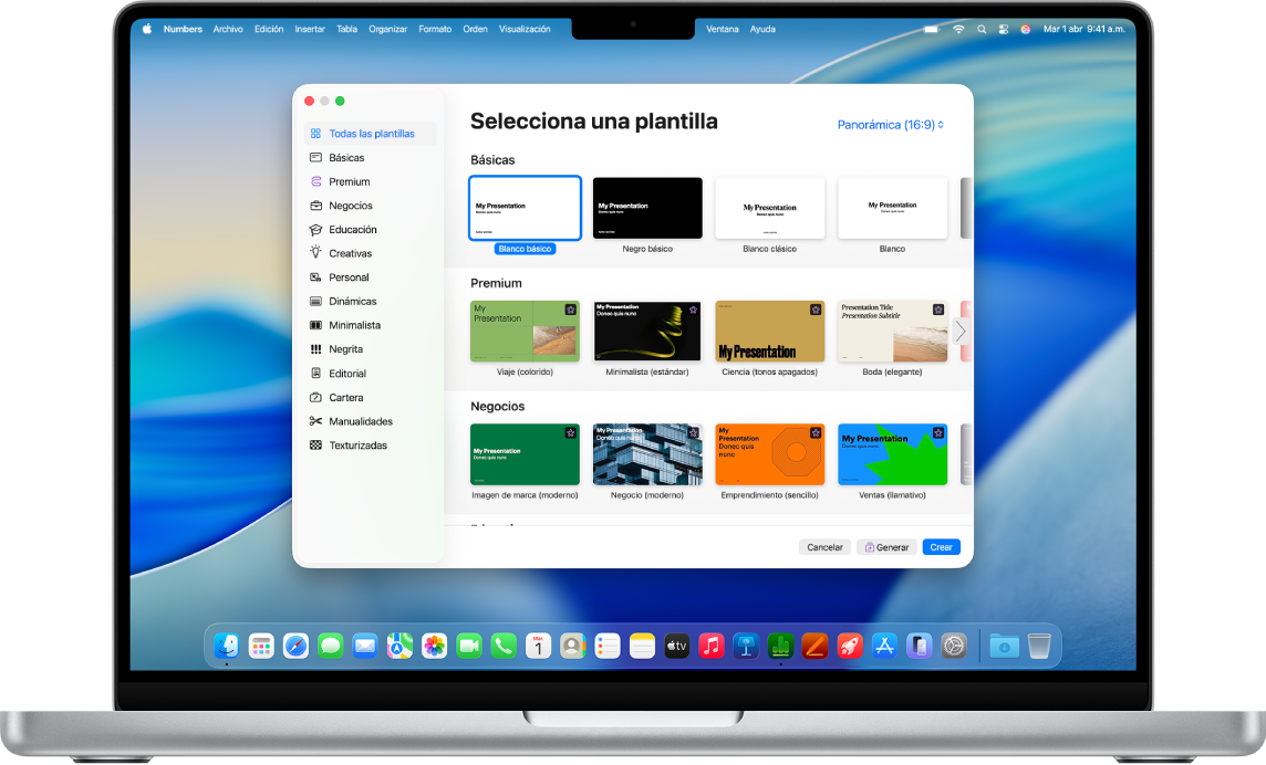 Una MacBook Pro mostrando la pantalla del selector de plantillas de Numbers. La categoría Todas las plantillas está seleccionada a la izquierda y las plantillas prediseñadas aparecen en filas y organizadas por categoría a la derecha.