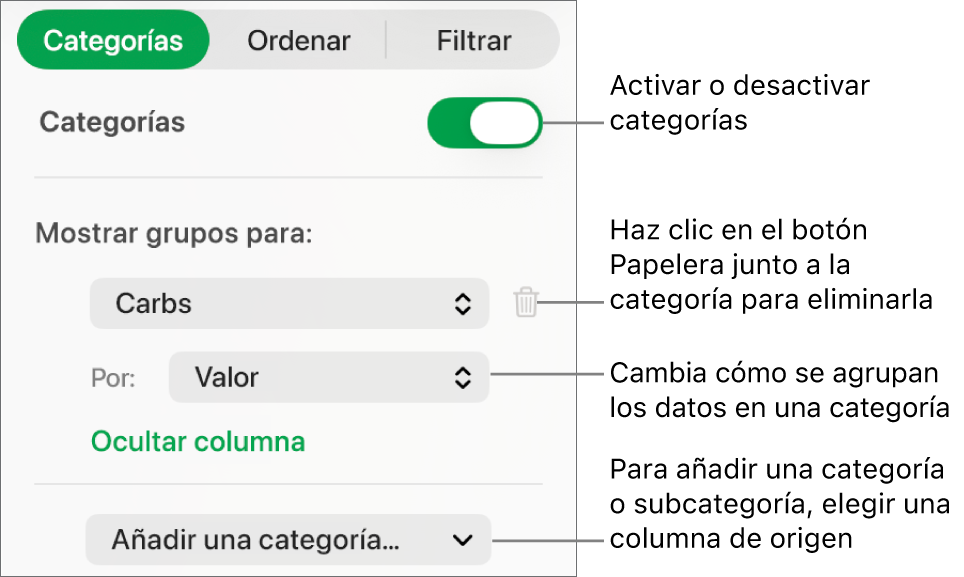 La barra lateral de categorías con opciones para desactivar categorías, eliminar categorías, reagrupar datos, ocultar una columna de origen y añadir categorías.