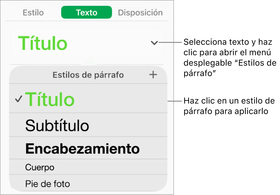 El menú “Estilos de párrafo”.
