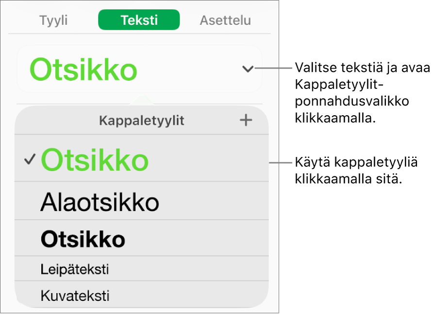Kappaletyylit-valikko.