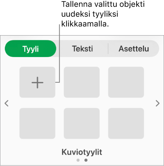 Muoto-sivupalkin Tyyli-välilehti, jossa on neljä kuvatyyliä, Luo tyyli -painike ja tyhjä tyylin paikanvaraaja.