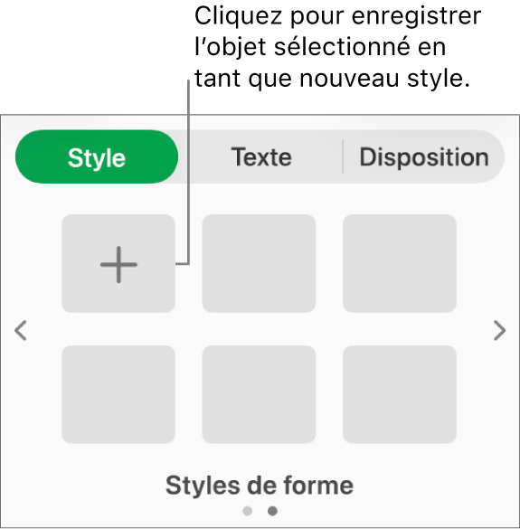 Onglet Style de la barre latérale Format avec quatre styles d’image, un bouton Créer un style et un paramètre fictif de style vide.