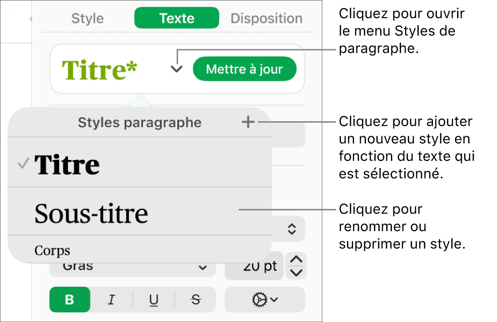Le menu « Styles de paragraphe », affichant des commandes pour ajouter ou modifier un style.
