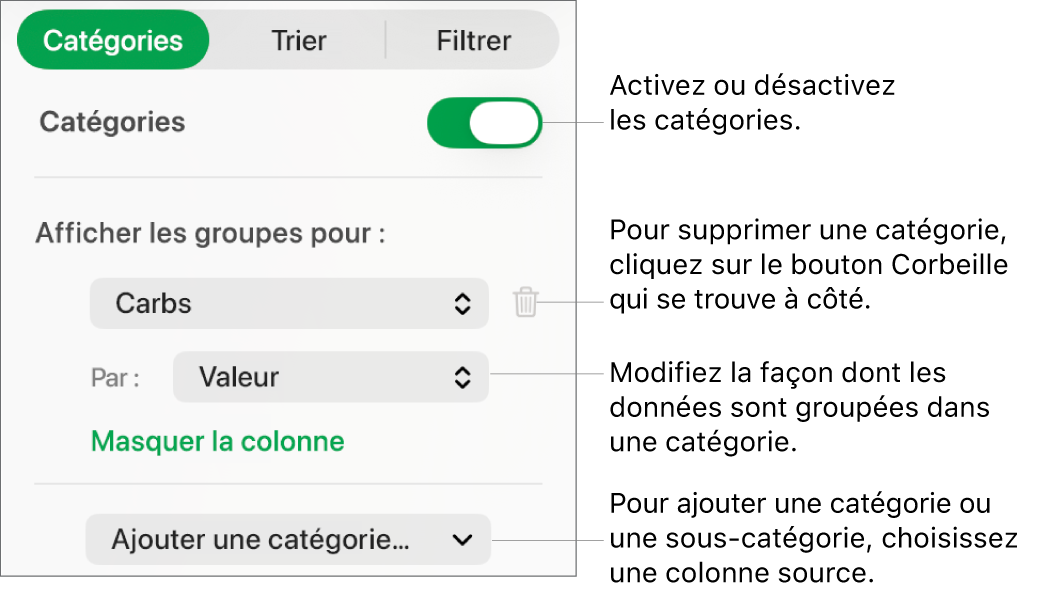 La barre latérale des catégories, avec des options permettant de désactiver les catégories, supprimer des catégories, regrouper des données, masquer une colonne source et ajouter des catégories.