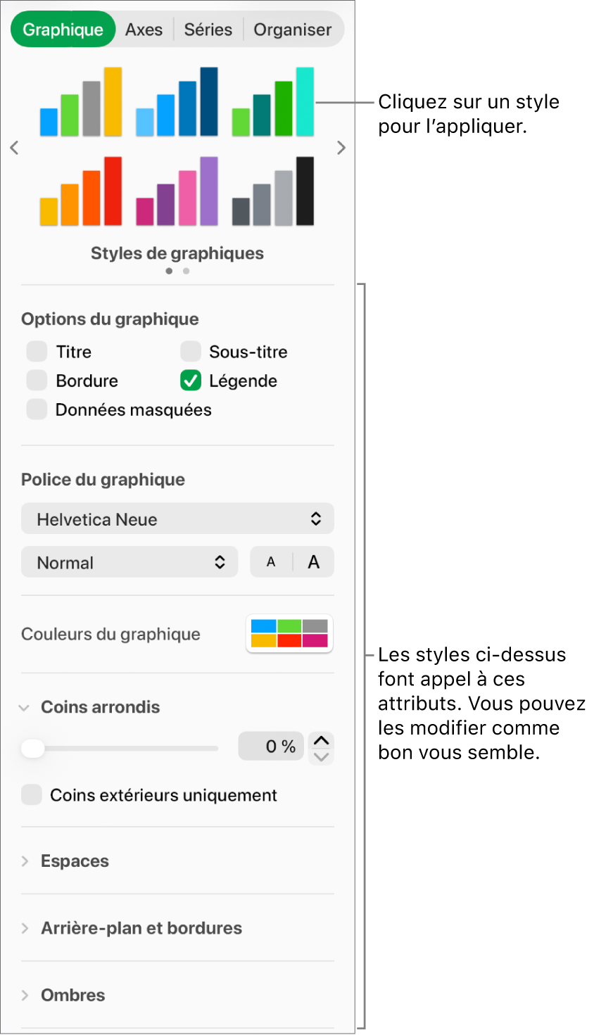 Barre latérale de formatage avec les commandes permettant de mettre en forme les graphiques.